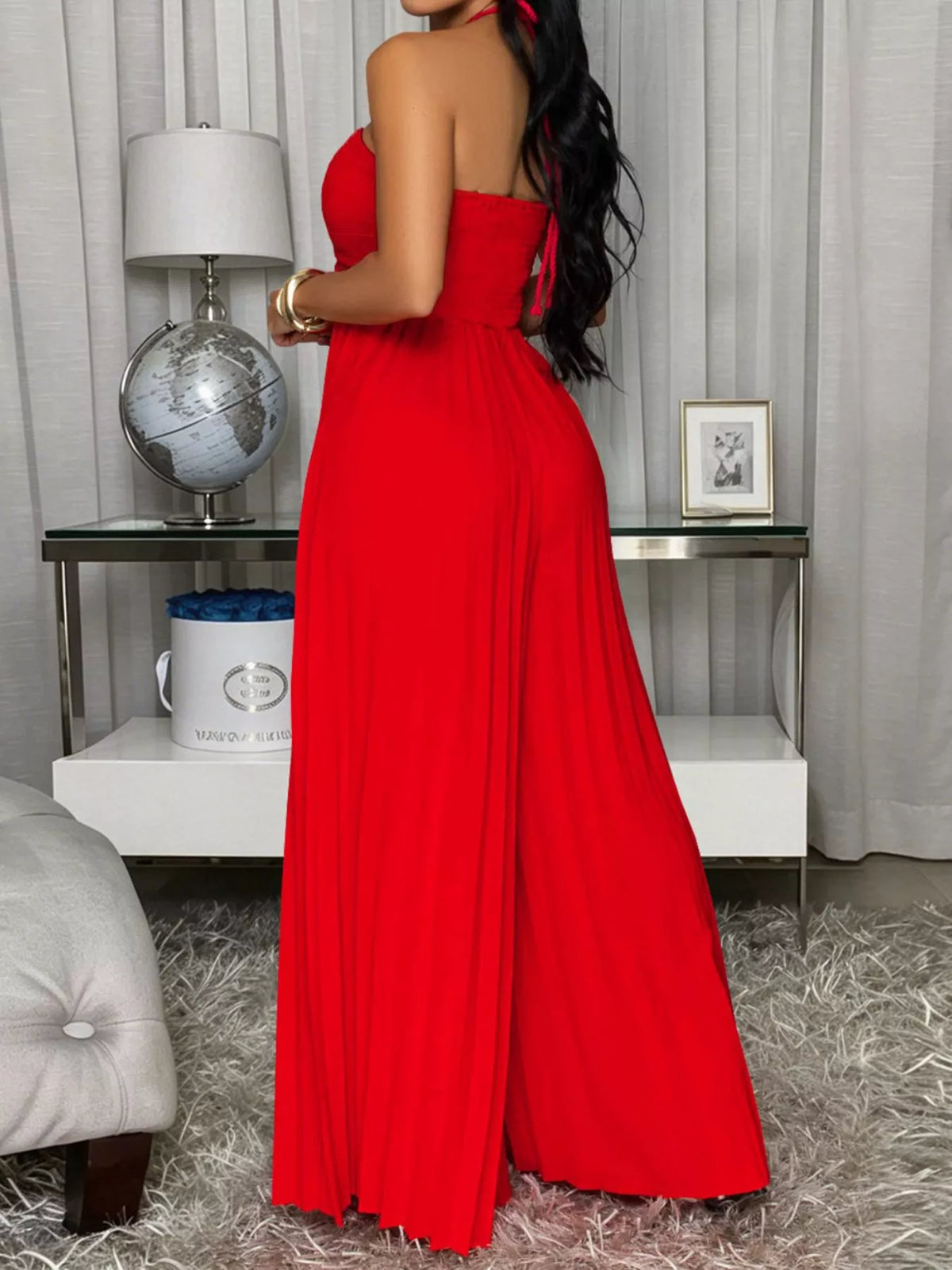 Modern Finesse Calla Pleated Halter Neck Wide-Leg Jumpsuit