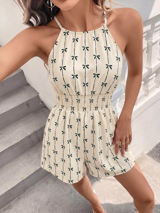 Modern Finesse Seren Bow Print Halter Neck Smocked Romper