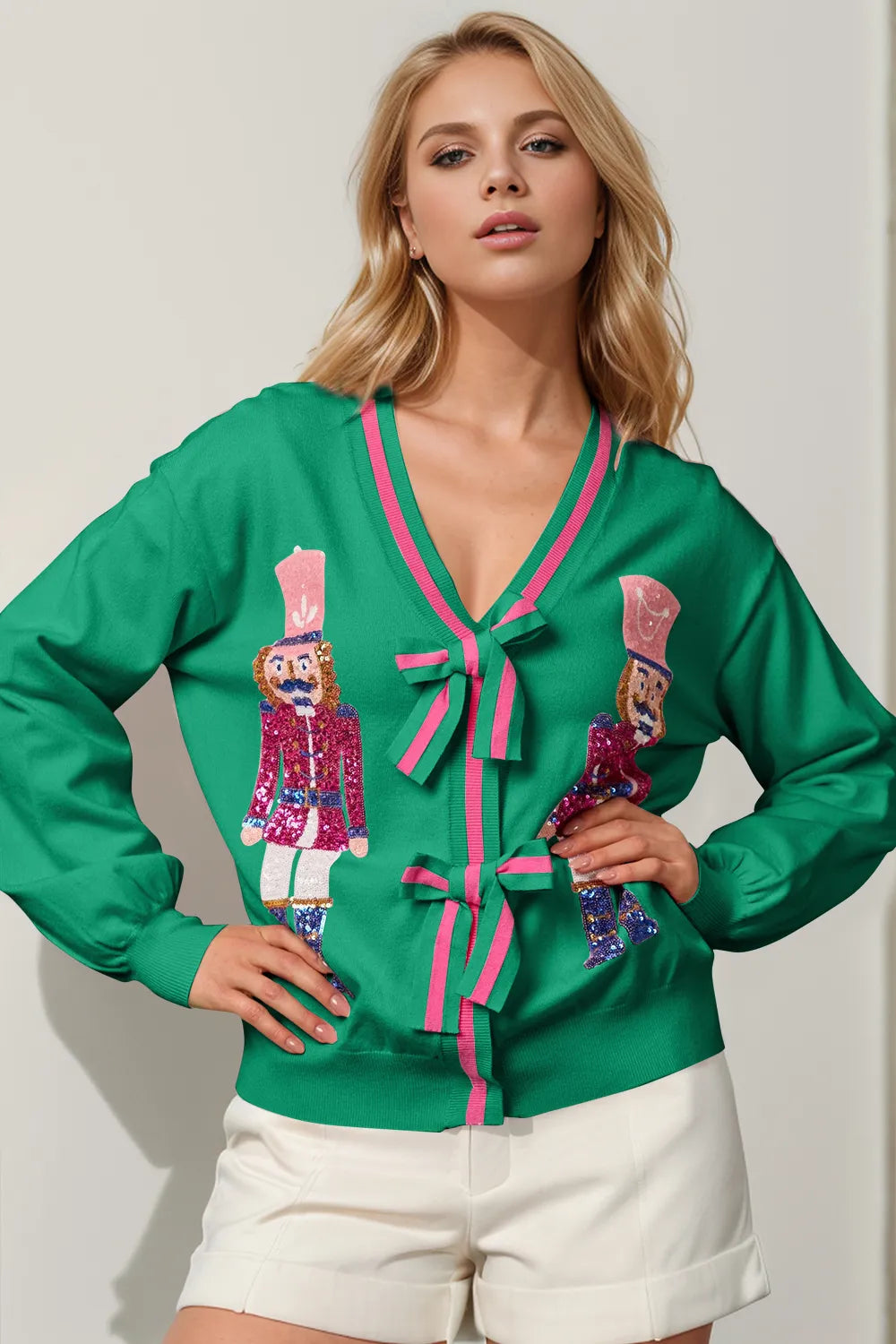 Modern Finesse Nutcracker Sequin Bow Cardigan by Double Take