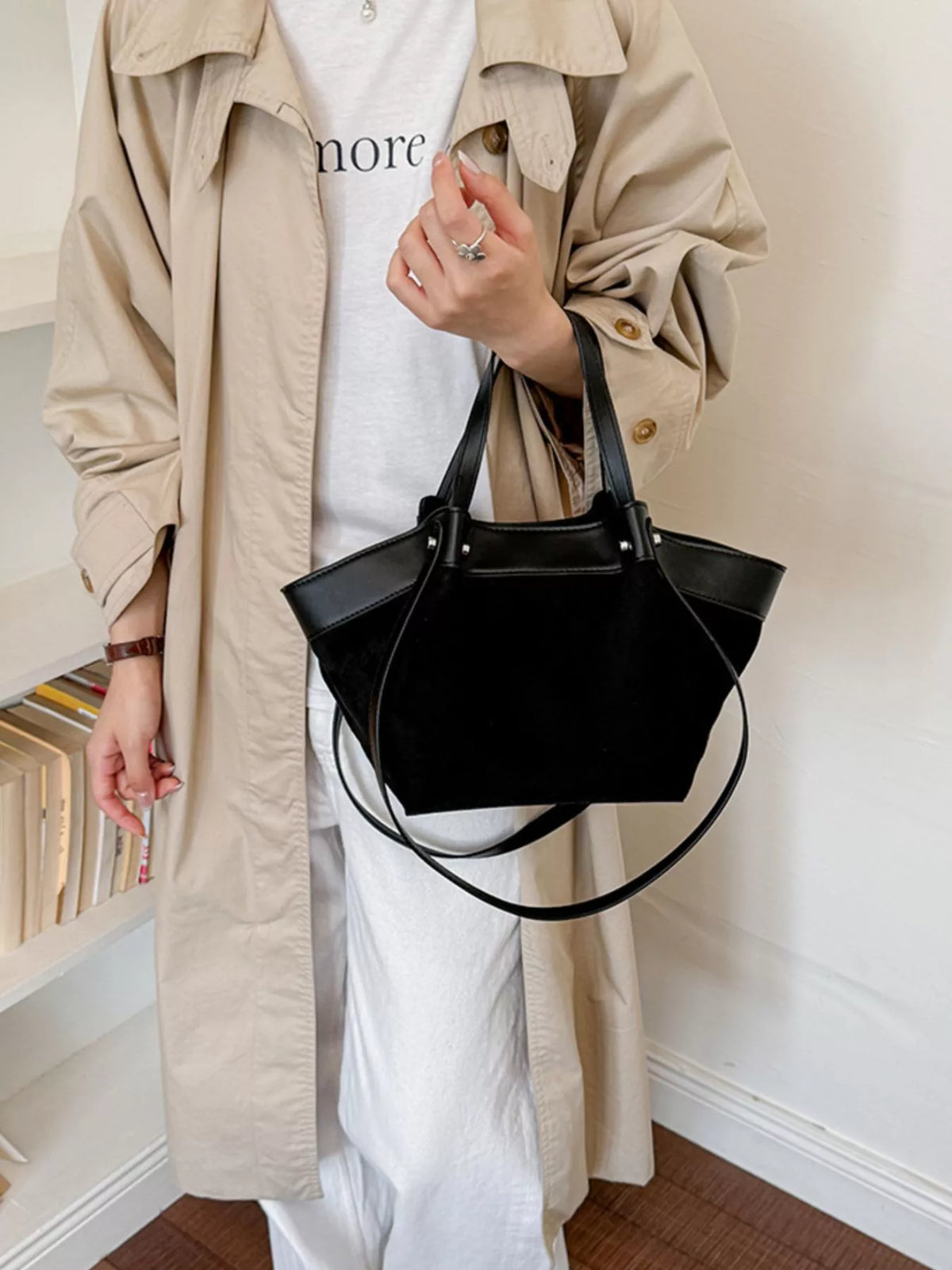 Modern Finesse Heritage PU Leather-Trim Suede Tote Bag