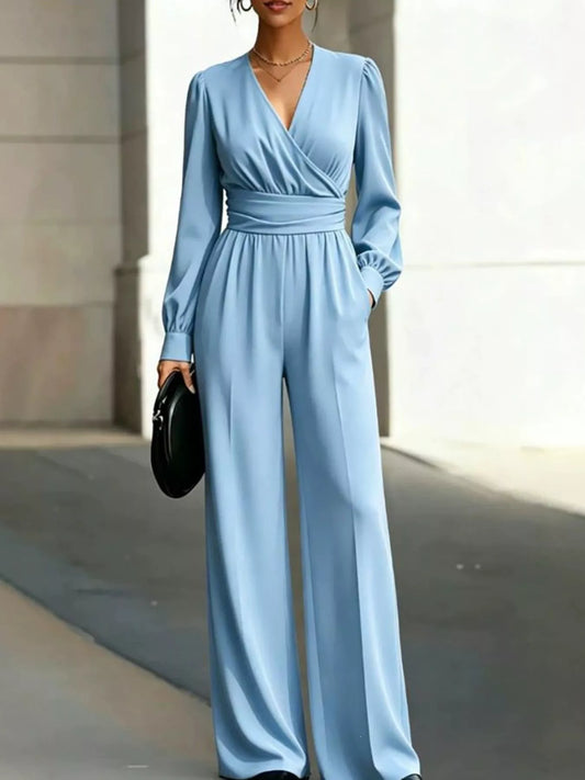 Modern Finesse Marlowe Surplice Long Sleeve Wide-Leg Jumpsuit
