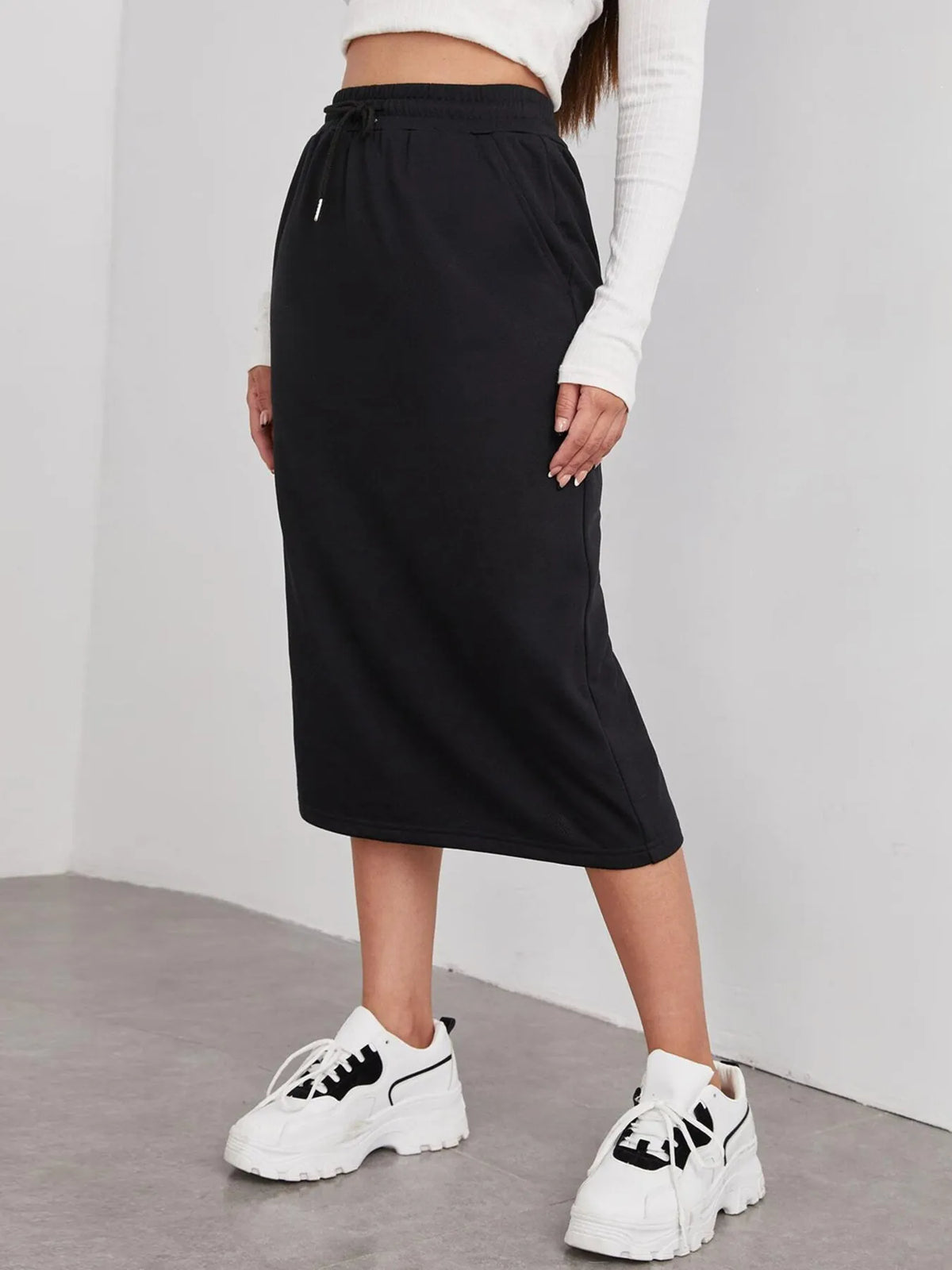Modern Finesse Arden Slit Drawstring Midi Skirt