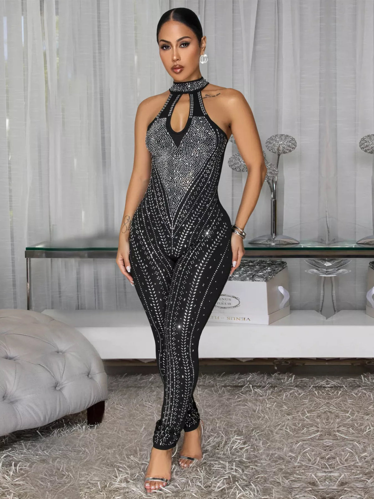 Modern Finesse Fable Sparkling Rhinestone Cutout Jumpsuit