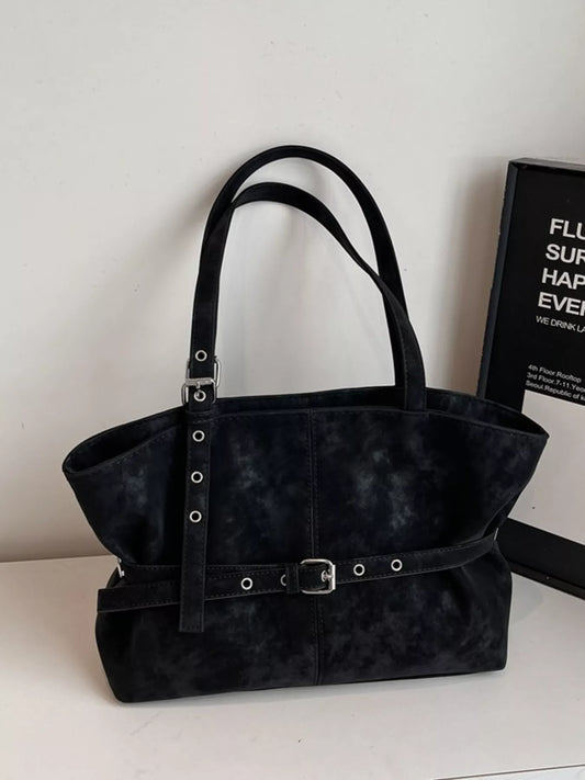 Modern Finesse Washed Line Buckle Suede Tote Bag