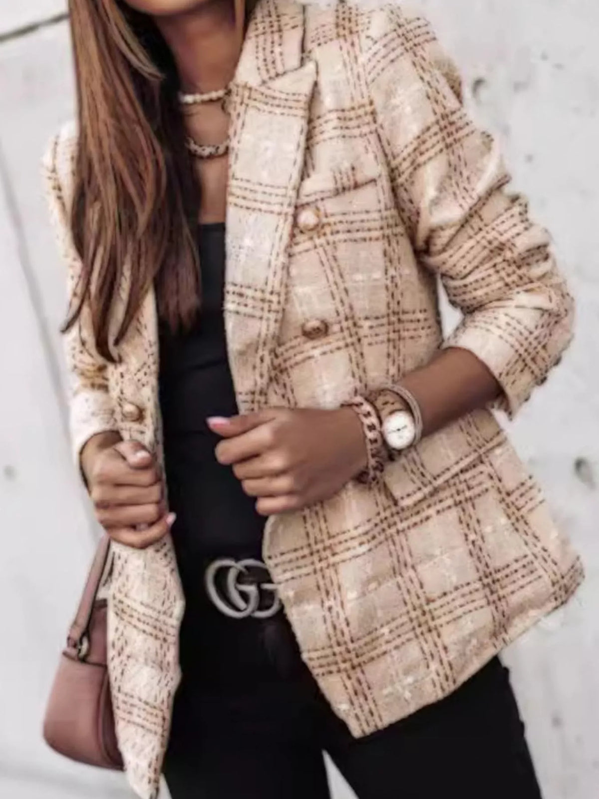 Modern Finesse Heritage Plaid Tweed Double-Breasted Blazer - Plus Size
