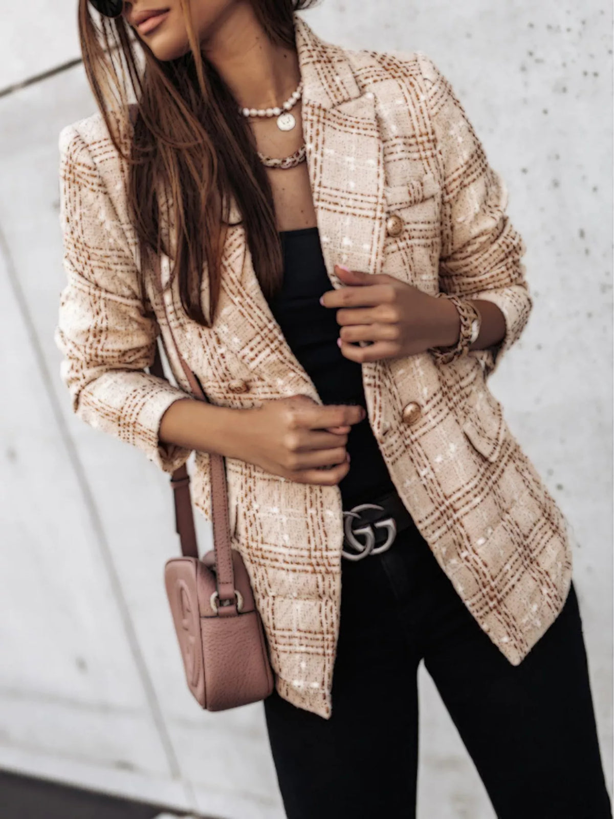 Modern Finesse Heritage Plaid Tweed Double-Breasted Blazer - Plus Size