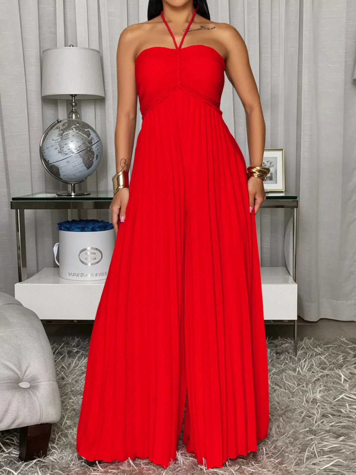 Modern Finesse Calla Pleated Halter Neck Wide-Leg Jumpsuit