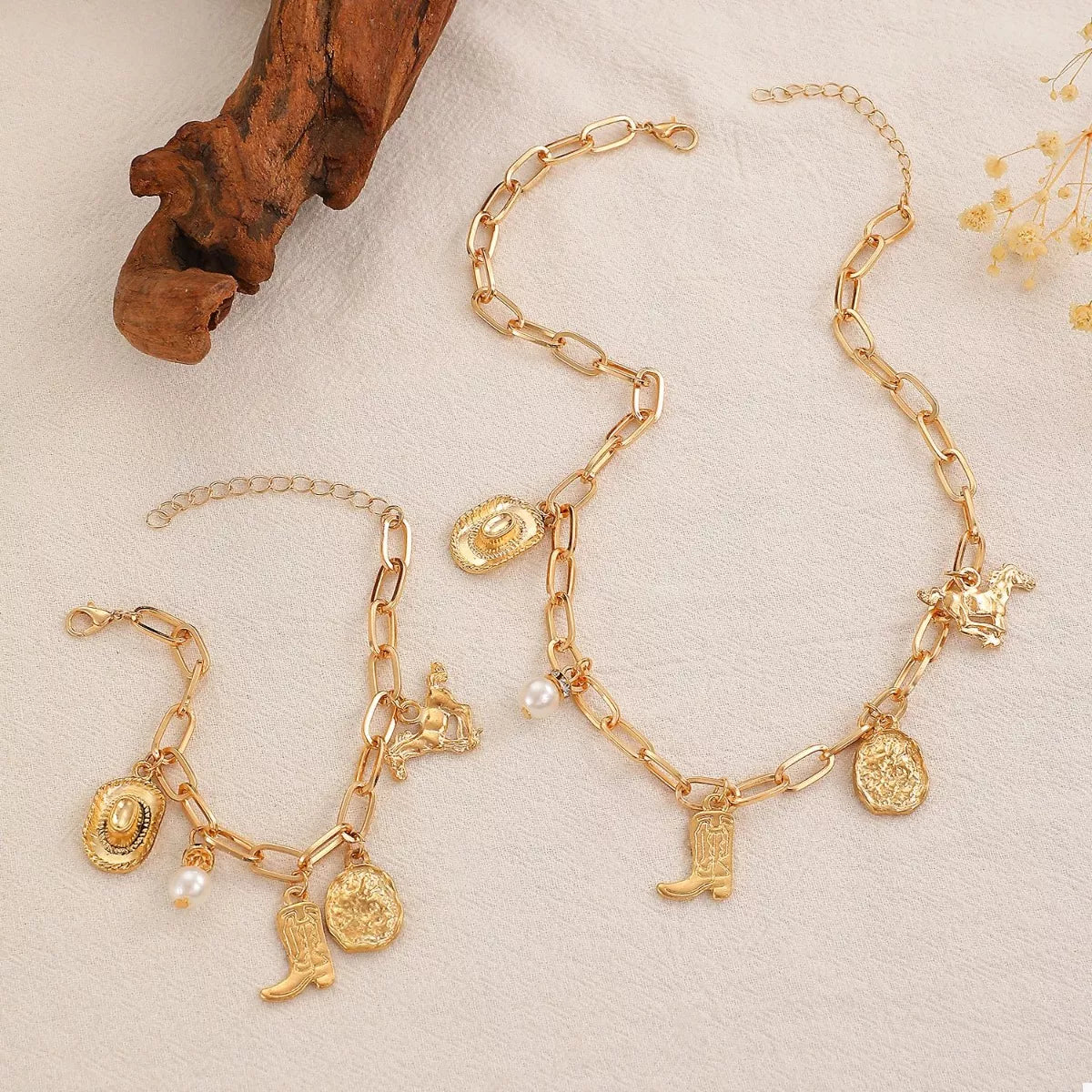 HOF Elara 18K Gold-Plated Charm Necklace and Bracelet Jewelry Set