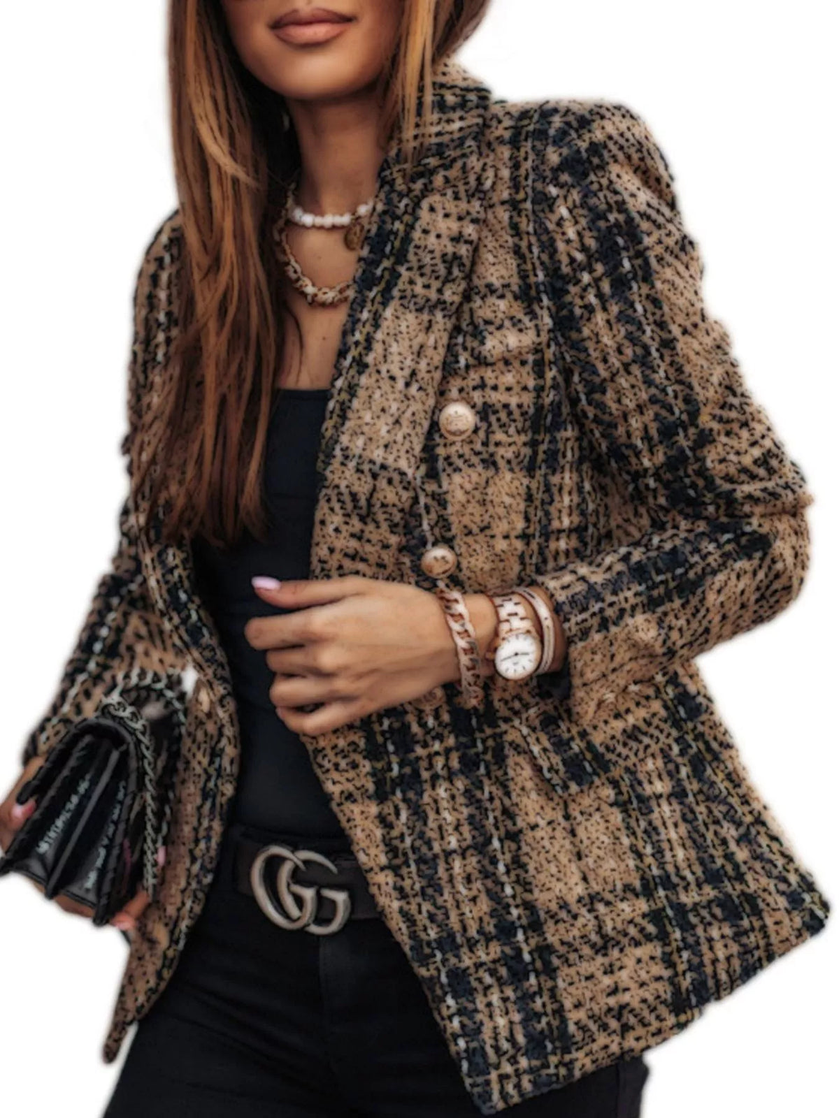 Modern Finesse Heritage Plaid Tweed Double-Breasted Blazer - Plus Size