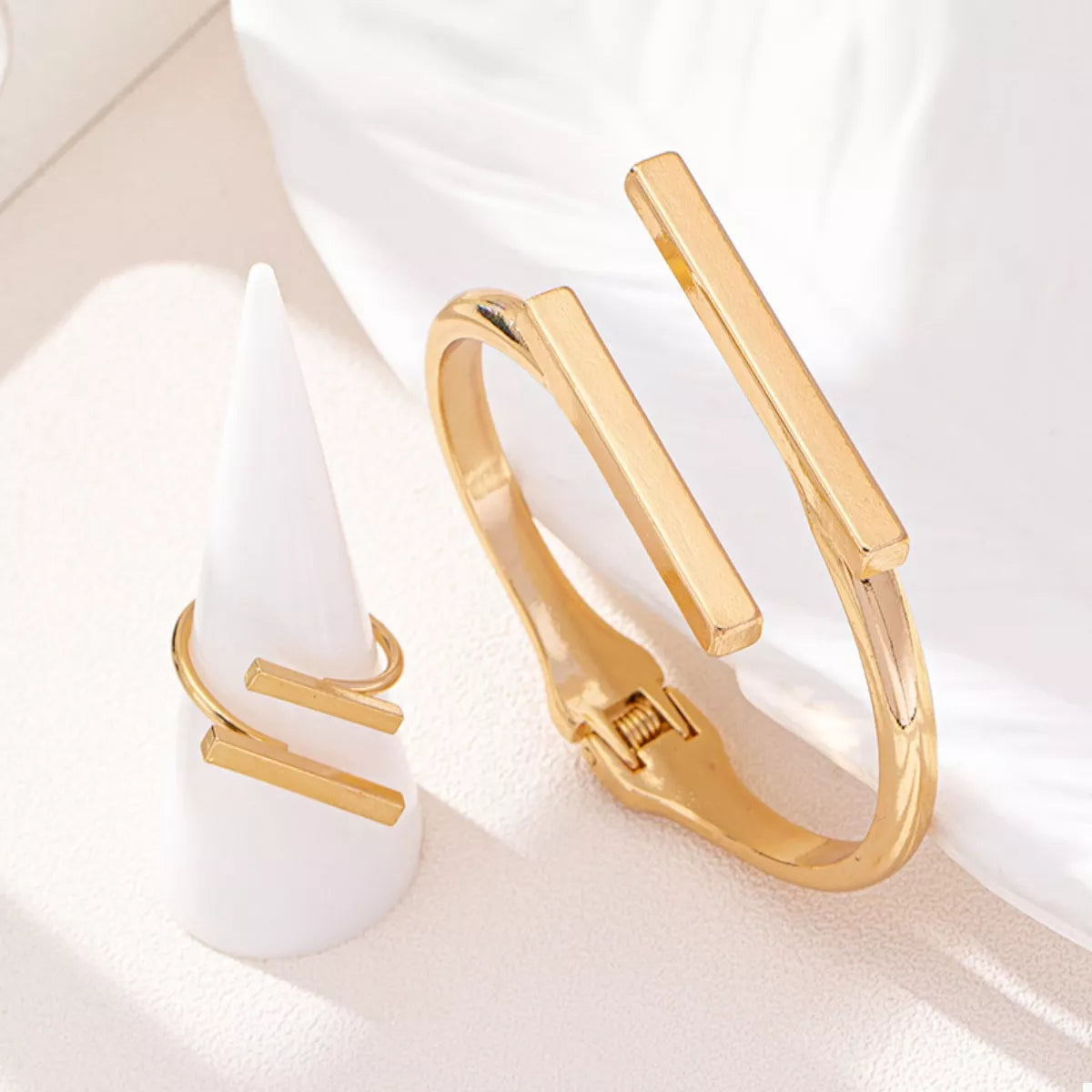 HOF Seren Adjustable 18K Gold-Plated Modern Bar Bracelet and Ring Jewelry Set