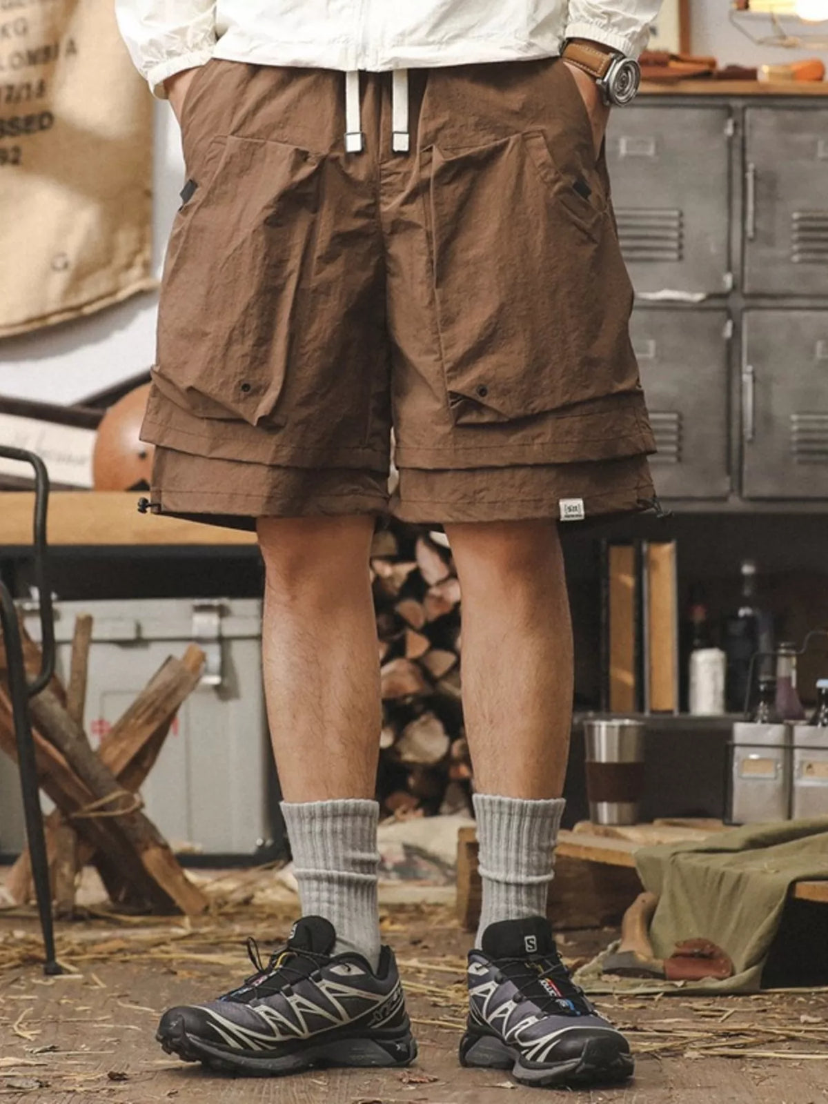 Modern Finesse Camden Men's Multiple Pocket Layered Cargo Shorts with Drawstring Hem — Extended Sizes