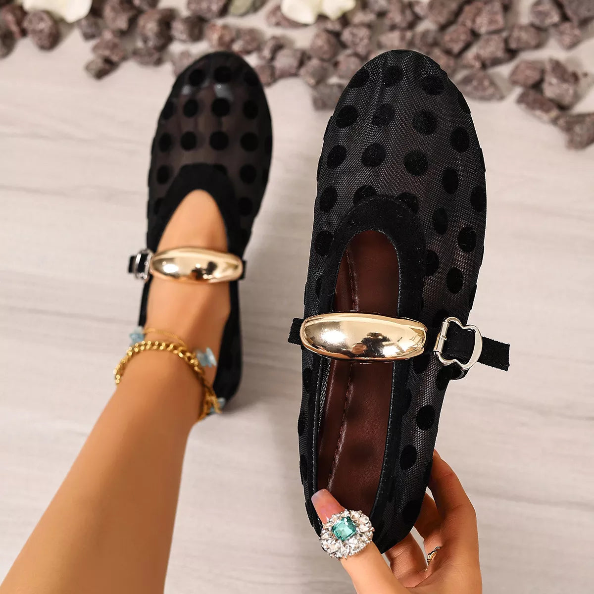 Modern Finesse Vale Polka Dot Mesh Slip-Ons