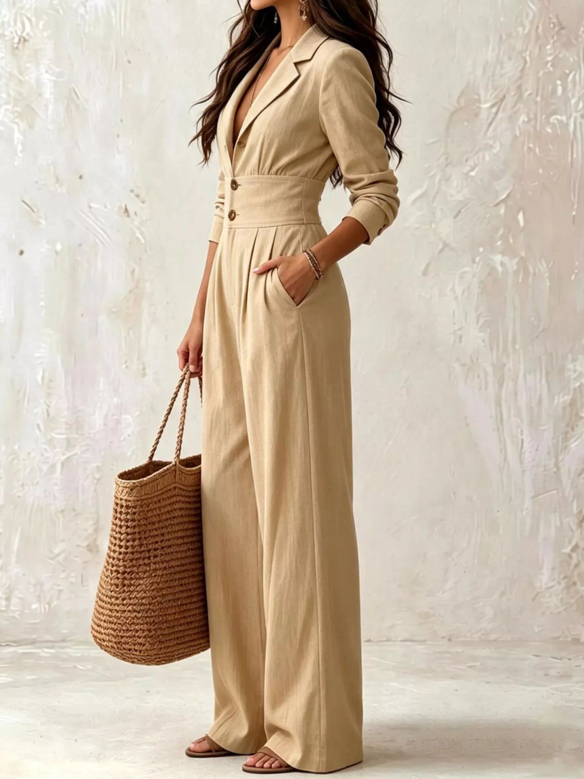 Modern Finesse Arden Lapel Collar Button Front Wide-Leg Jumpsuit
