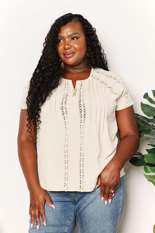 Double Take Arden Crochet Buttoned Short Sleeves Top