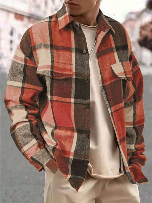 Autumn Grid Dual-Pocket Plaid Shirt - Men's Plus Size
