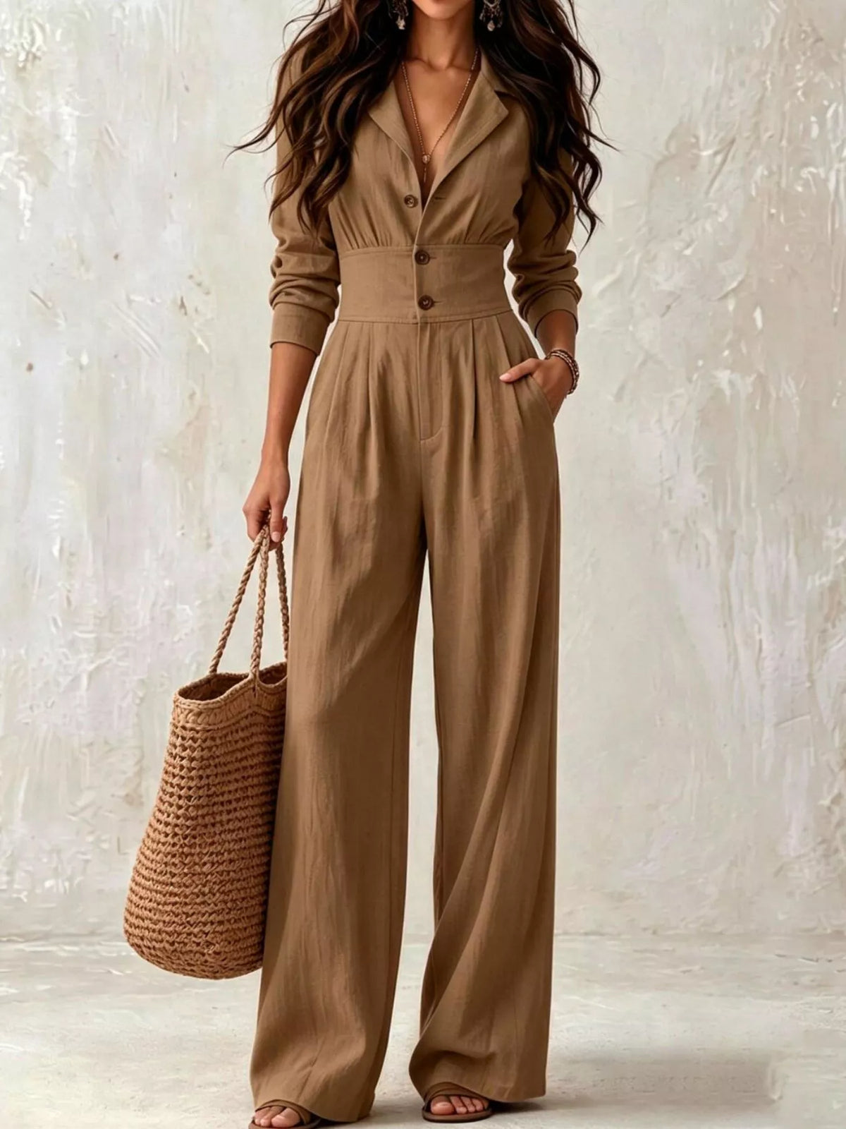 Modern Finesse Arden Lapel Collar Button Front Wide-Leg Jumpsuit