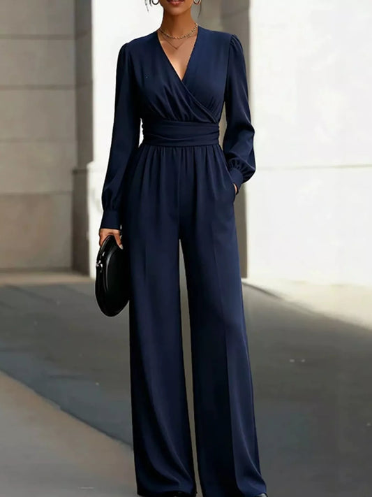 Modern Finesse Marlowe Surplice Long Sleeve Wide-Leg Jumpsuit