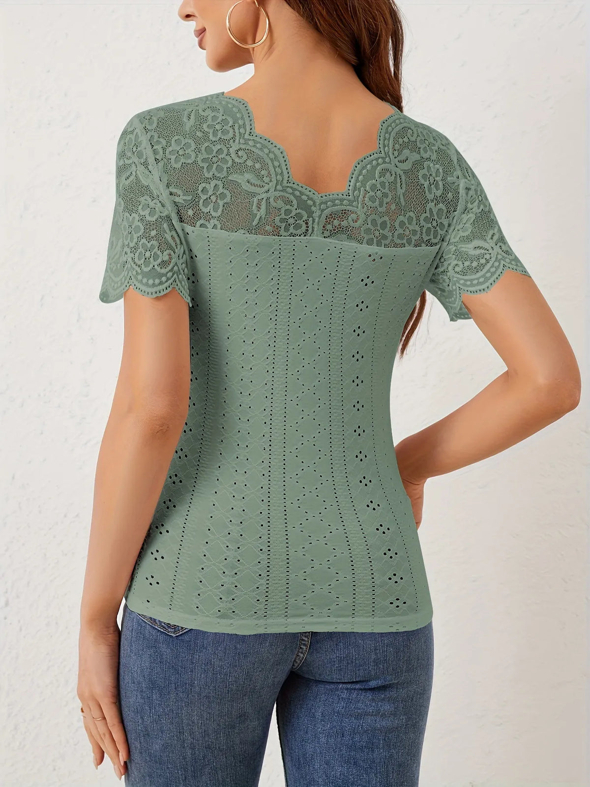 Modern Finesse Marlowe Lace Scalloped V-Neck Eyelet T-Shirt