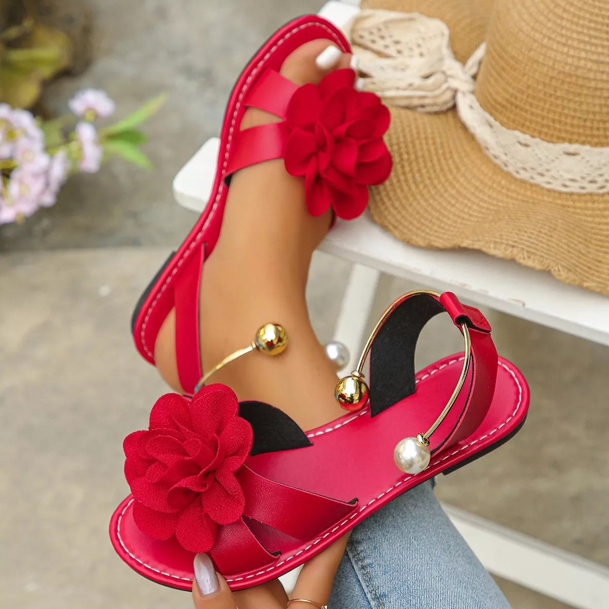 Modern Finesse Eden Flower Open-Toe Flat Sandals