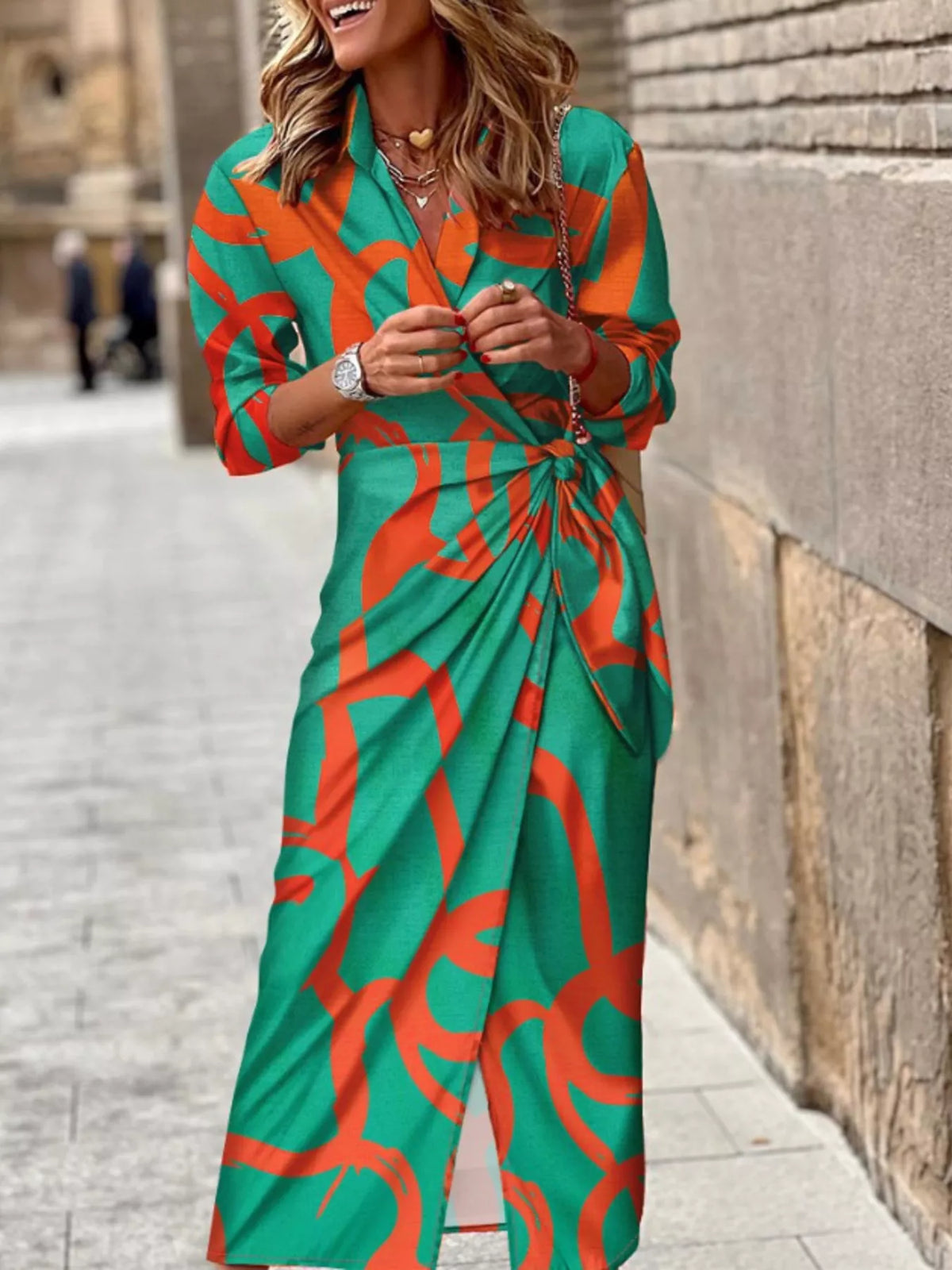 Modern Finesse Arden Printed Collared Neck Shirt Dress