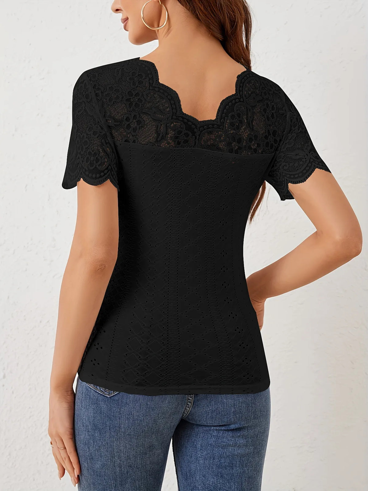 Modern Finesse Marlowe Lace Scalloped V-Neck Eyelet T-Shirt