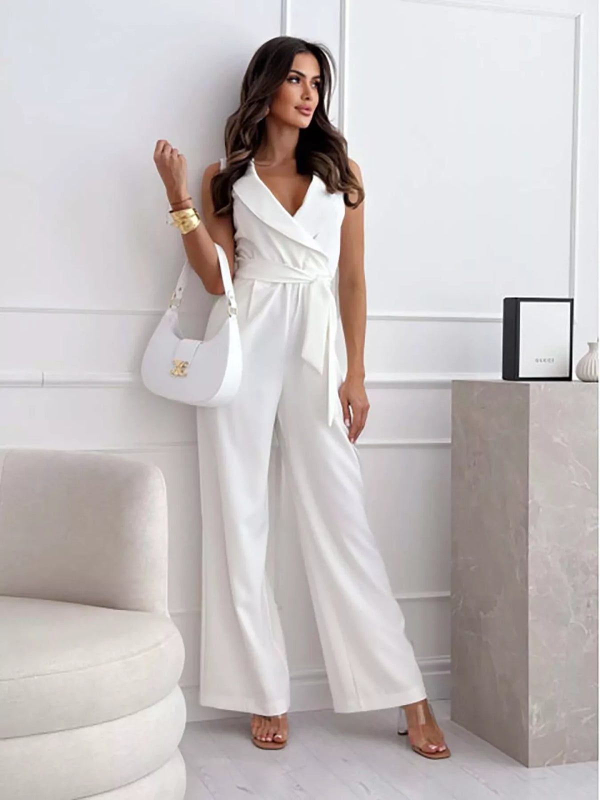 Modern Finesse Pearl Surplice Sleeveless Wide-Leg Jumpsuit