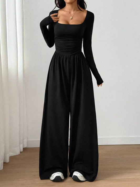Modern Finesse Jade Ruched Square Neck Wide-Leg Jumpsuit