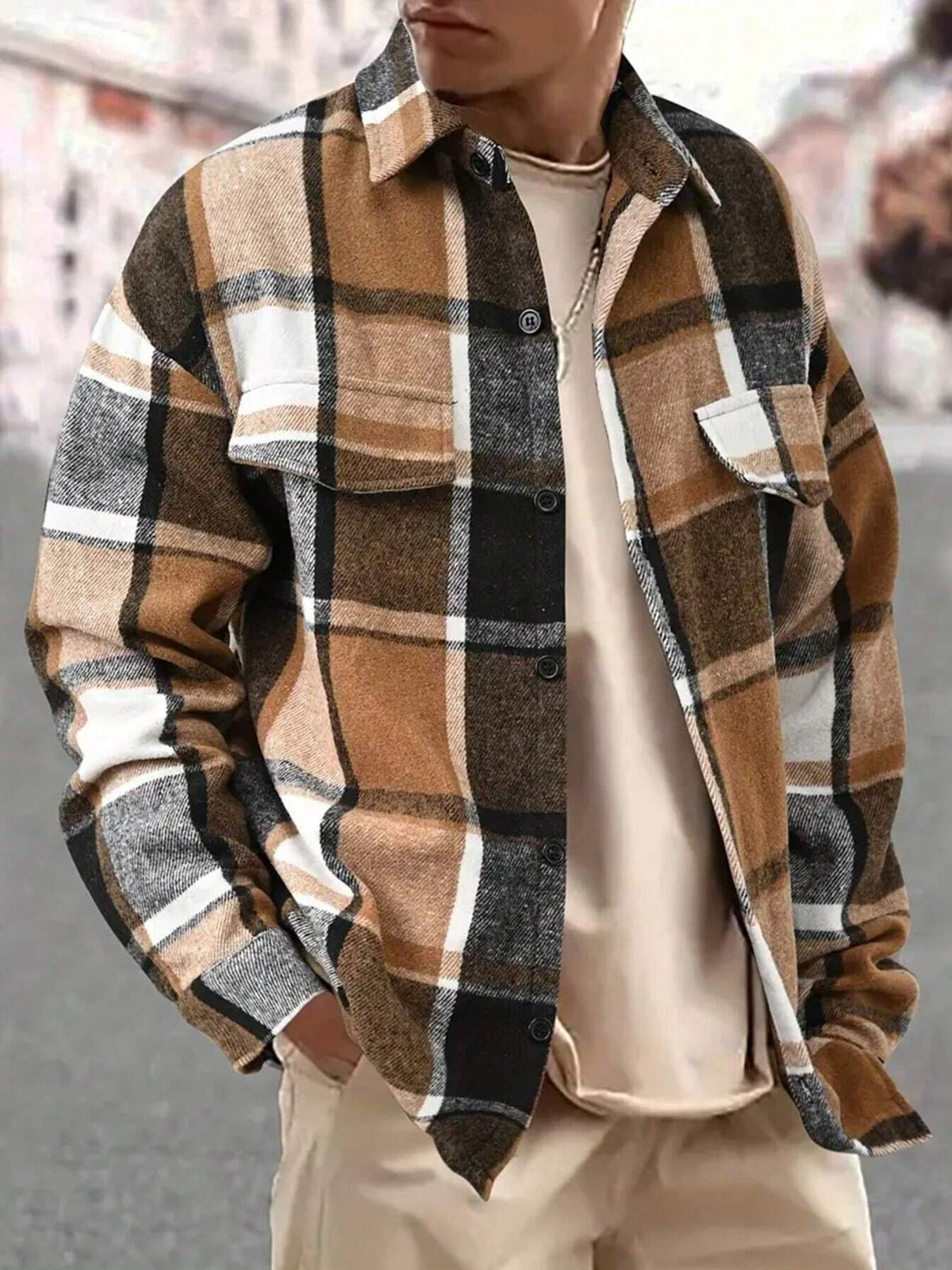 Autumn Grid Dual-Pocket Plaid Shirt - Men's Plus Size