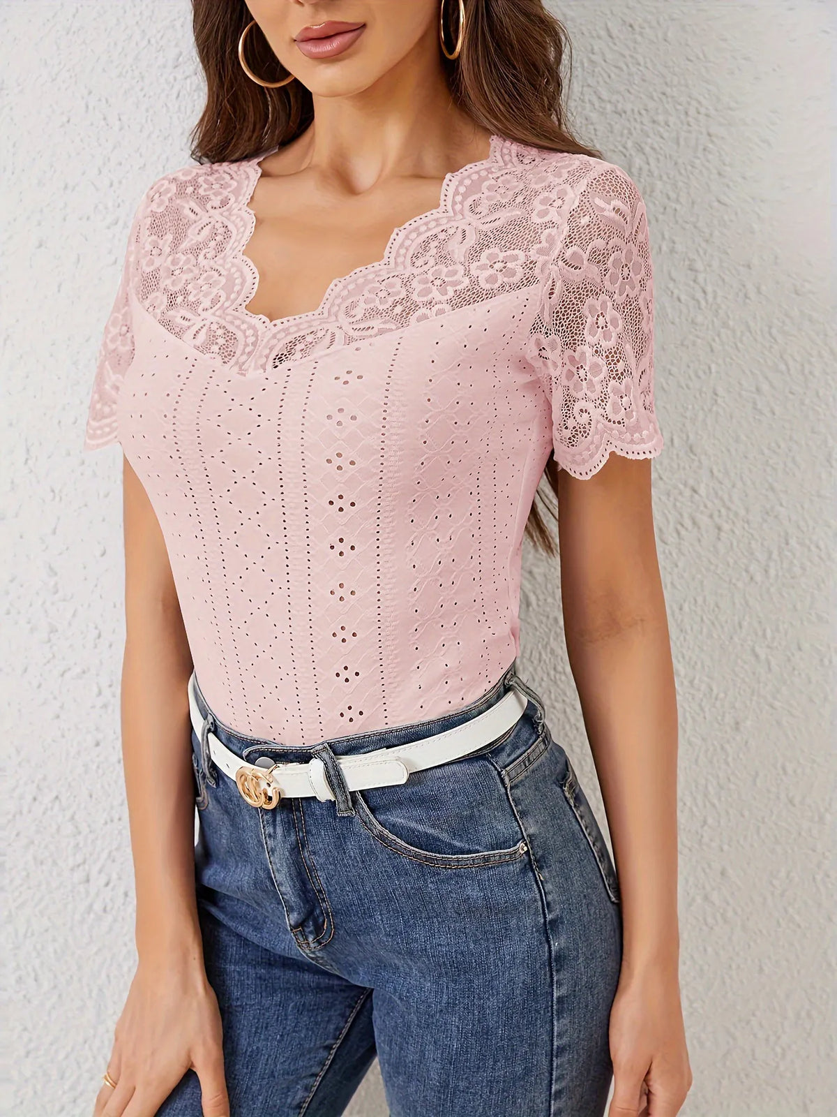 Modern Finesse Marlowe Lace Scalloped V-Neck Eyelet T-Shirt