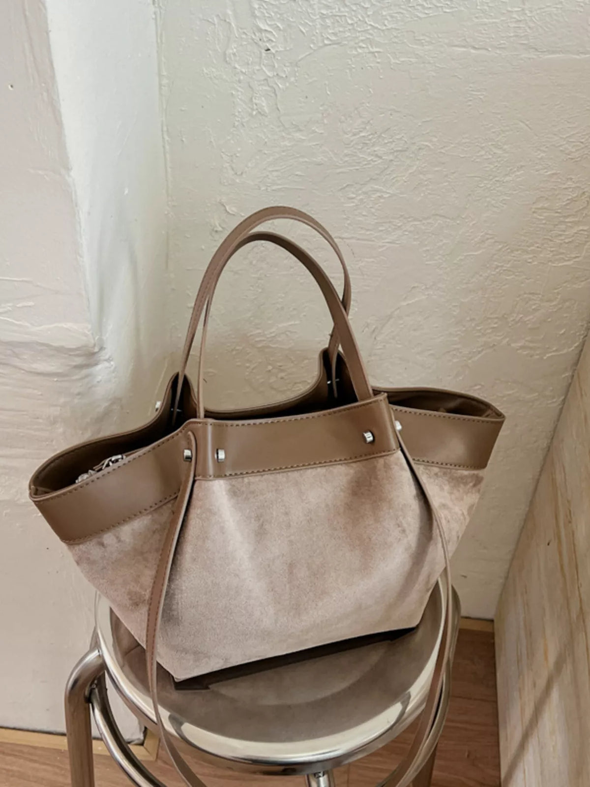 Modern Finesse Heritage PU Leather-Trim Suede Tote Bag