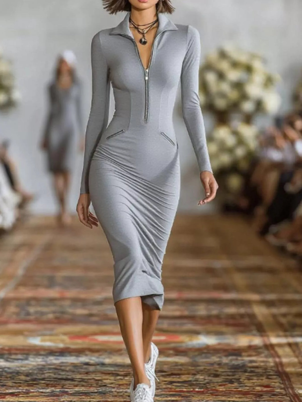 Zip Form Ruched Midi Dress - Plus Size