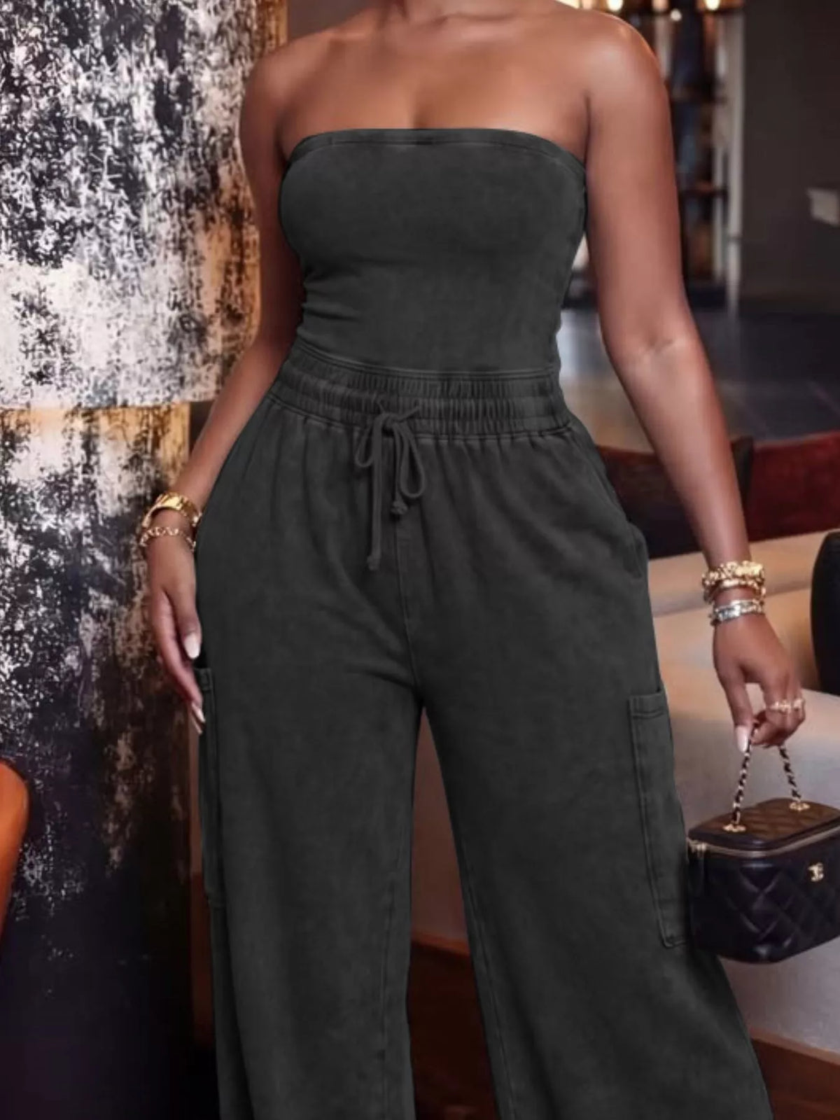 Modern Finesse Remy Drawstring Strapless Wide-Leg Jumpsuit