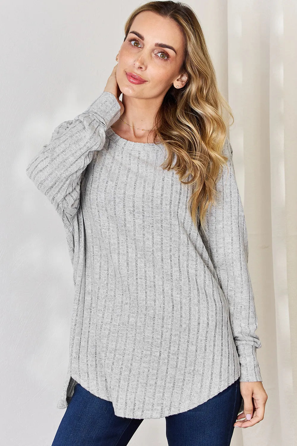 Basic Bae Sienna Ribbed Round Neck Slit T-Shirt