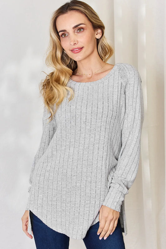 Basic Bae Sienna Ribbed Round Neck Slit T-Shirt