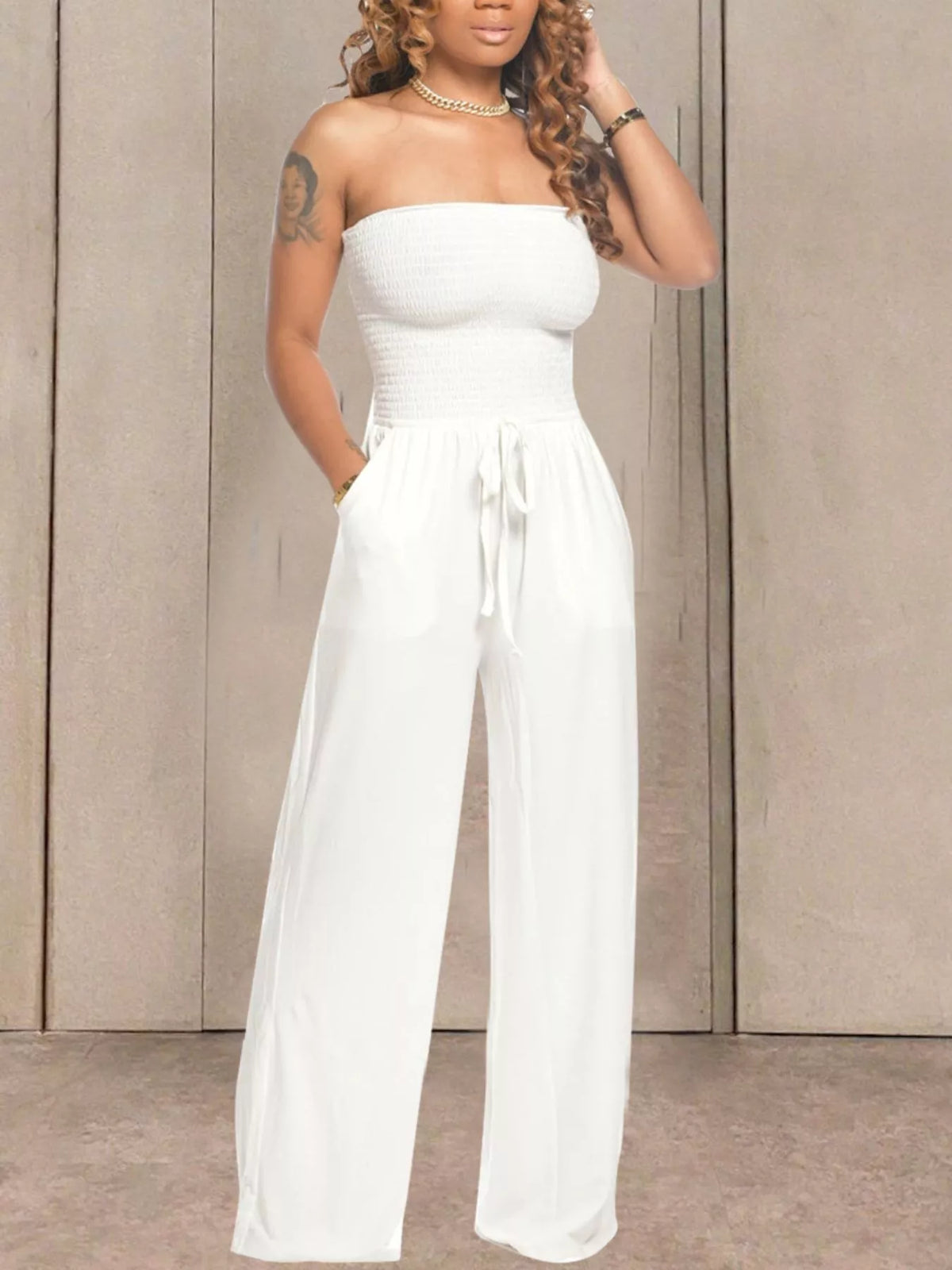 Modern Finesse Quinn Strapless Smocked Wide-Leg Jumpsuit