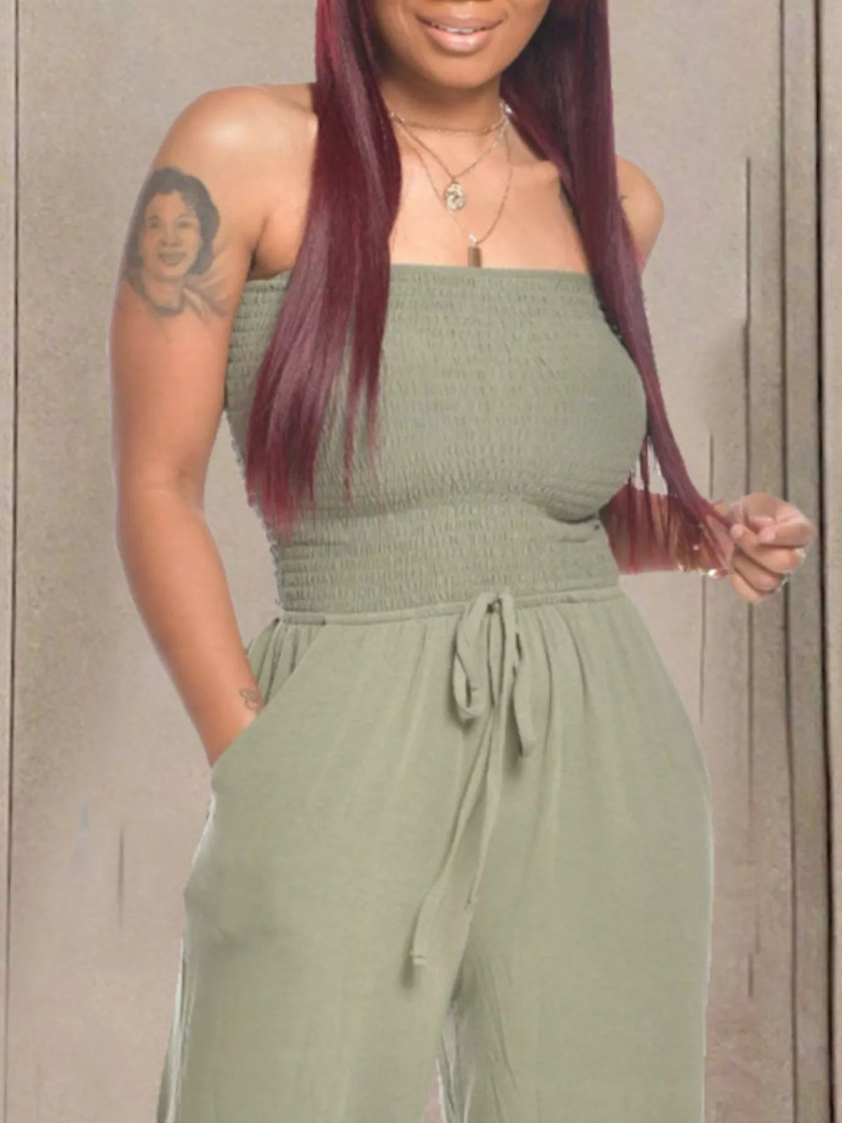 Modern Finesse Quinn Strapless Smocked Wide-Leg Jumpsuit
