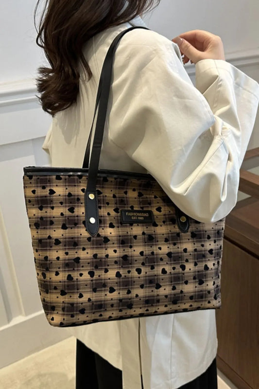 Modern Finesse Arden Heart Plaid PU Leather Strap Tote Bag