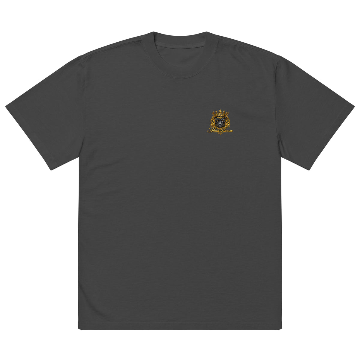 Black Finesse Crowned Panther faded black oversized T-shirt with gold-tone left-chest print, front view