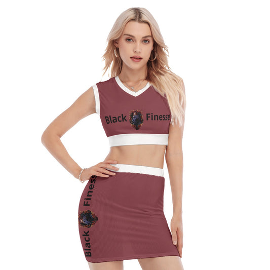 Black Finesse Maroon Crest V-Neck Skirt Set — product image 2