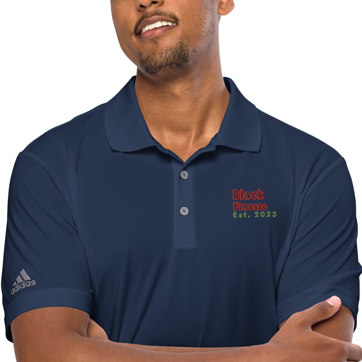 Black Finesse Signature adidas Performance Polo Shirt in Navy — detail view