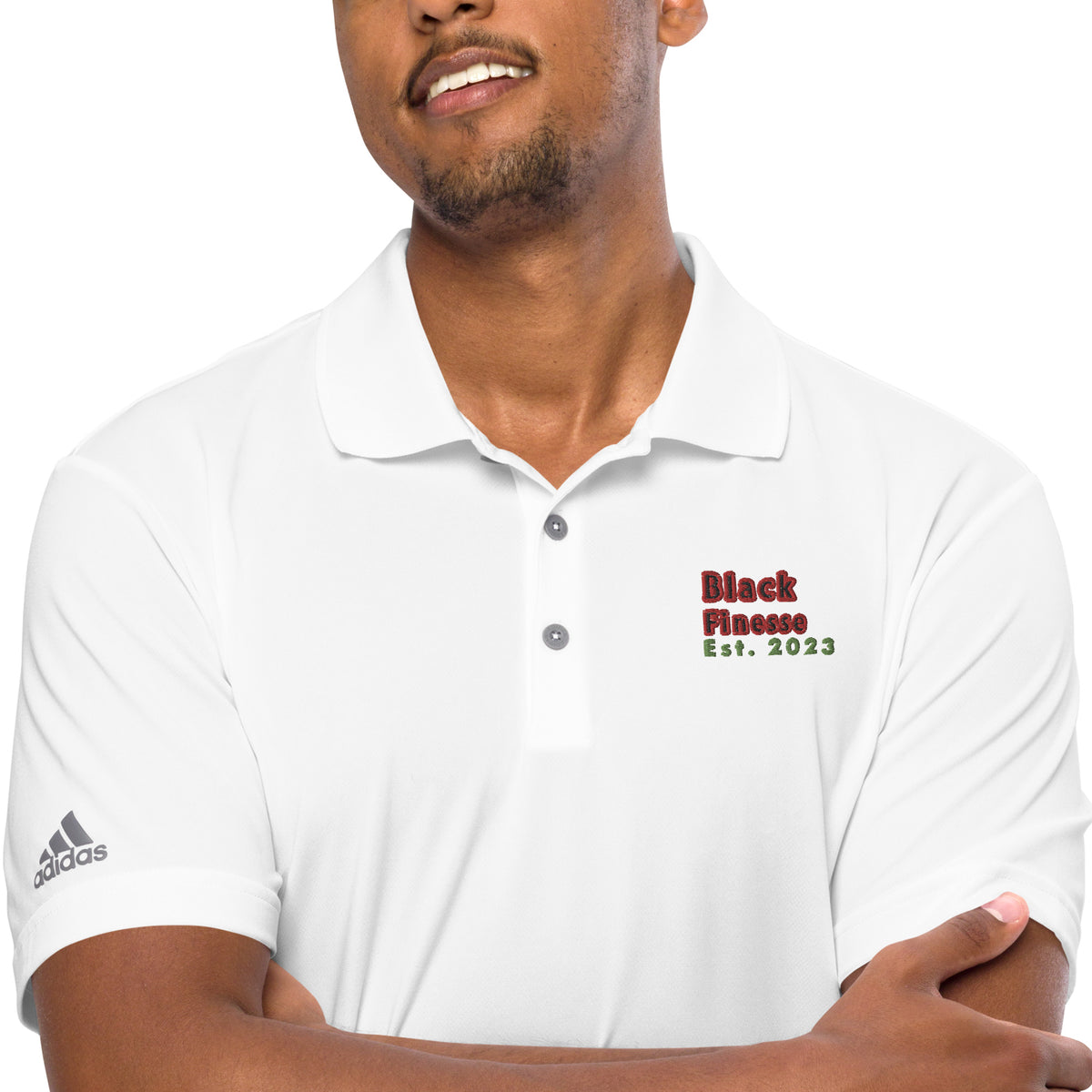 Black Finesse Signature adidas Performance Polo Shirt in White — detail view