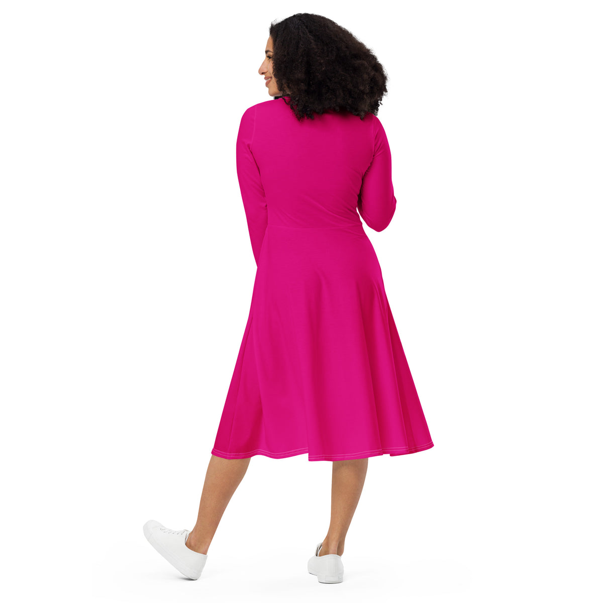 Black Finesse Classic Pocketed Long-Sleeve Midi Dress in Magenta — back view