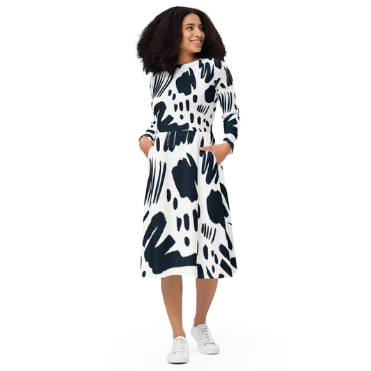 Black Finesse Monochrome Scribble Long-Sleeve Midi Dress — front view