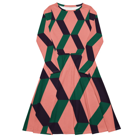 Black Finesse Geo Chic Long-Sleeve Midi Dress in Coral, Green, Dark Purple — front view