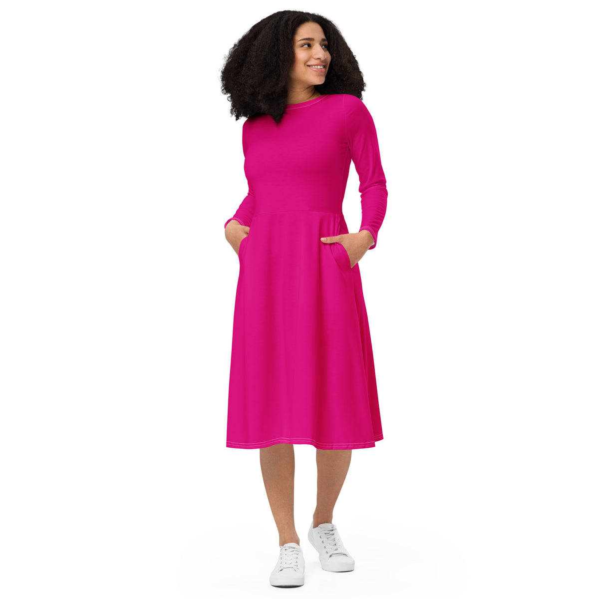 Black Finesse Classic Pocketed Long-Sleeve Midi Dress in Magenta — front view