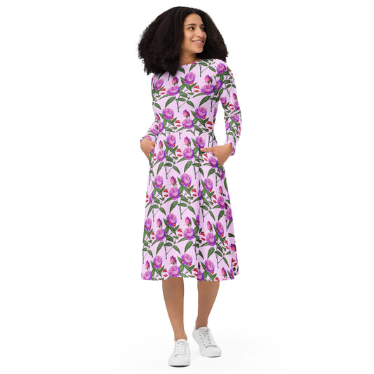 Black Finesse Lavender Rose Long-Sleeve Midi Dress