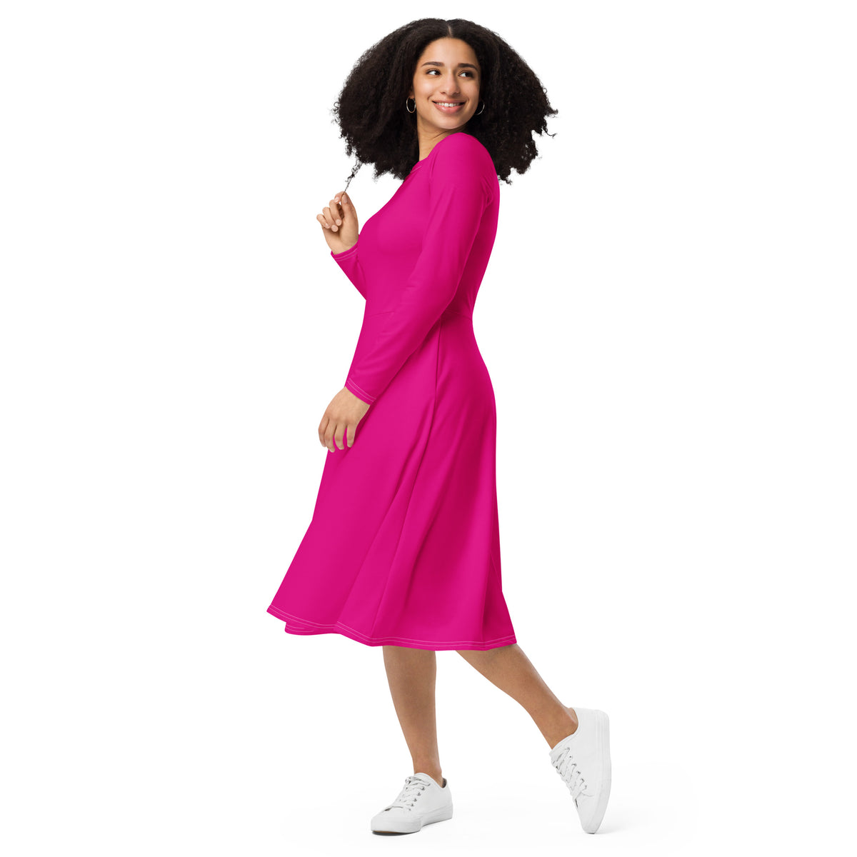 Black Finesse Classic Pocketed Long-Sleeve Midi Dress in Magenta — front left view