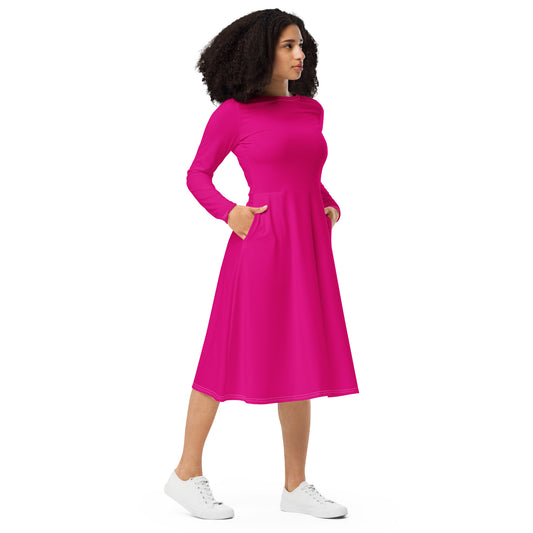 Black Finesse Classic Pocketed Long-Sleeve Midi Dress in Magenta — front right view