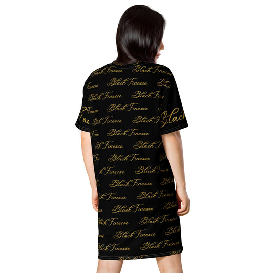 Black Finesse Onyx Tag Logo T-Shirt Dress in Black, Gold — back view