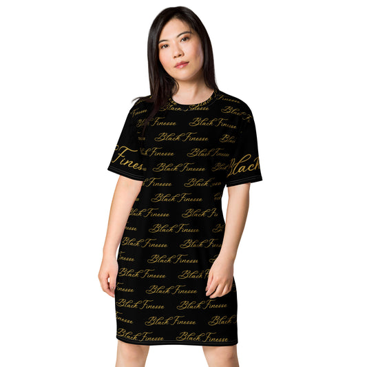 Black Finesse Onyx Tag Logo T-Shirt Dress in Black, Gold — front view